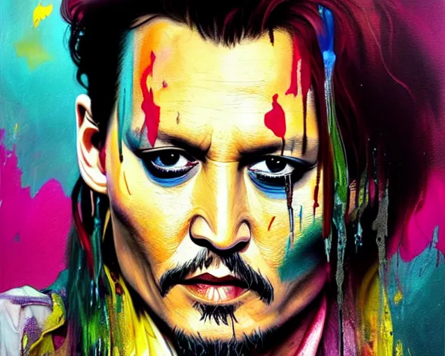 Image similar to , painting of johnny depp, paint drips, colour splash, art design, inventive, new format, futuristic painting, deep focus, d & d, fantasy, intricate, elegant, highly detailed, digital painting, artstation, concept art, matte, sharp focus, illustration, hearthstone, art by artgerm and greg rutkowski and alphonse mucha