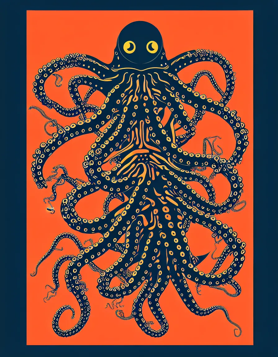 Image similar to psychedelic concert poster cyborg robotic symmetrical octopus, vector art, 8k, trending on artstation, typographic concert poster