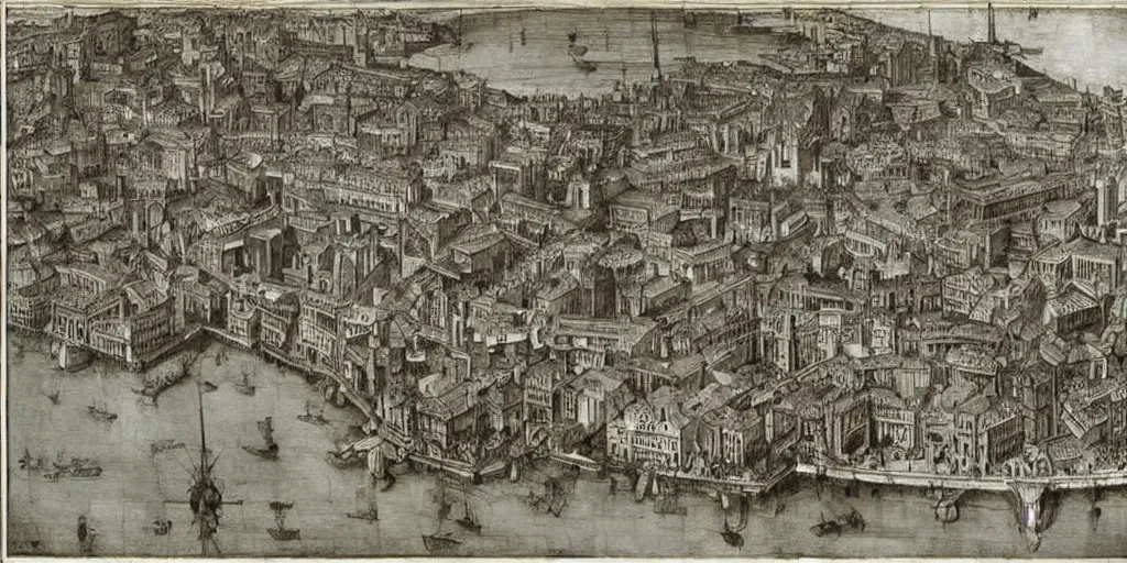 Prompt: : city design by Leonardo di ser Piero da Vinci