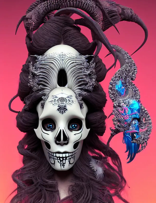 Image similar to 3 d goddess skull half - turn portrait with long hair with ram skull. beautiful intricately detailed japanese crow kitsune mask and clasical japanese kimono. betta fish, jellyfish phoenix, bio luminescent, plasma, ice, water, wind, creature, artwork by tooth wu and wlop and beeple and greg rutkowski