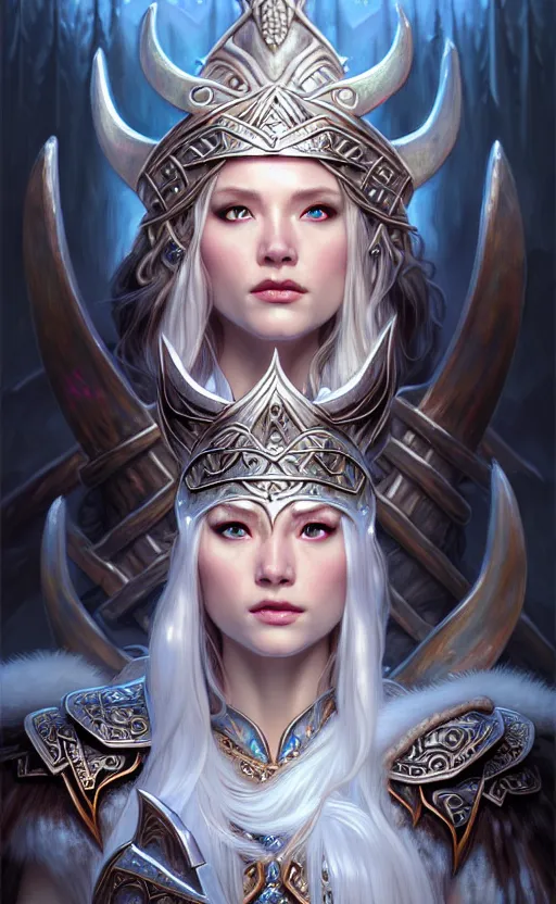 Image similar to opal viking warrior, regal, elegant, winter, snow, beautiful, stunning, hd, illustration, epic, d & d, fantasy, intricate, elegant, highly detailed, wide angle, digital painting, artstation, concept art, smooth, sharp focus, illustration, wallpaper, art by artgerm and greg rutkowski and alphonse mucha and jin xiaodi