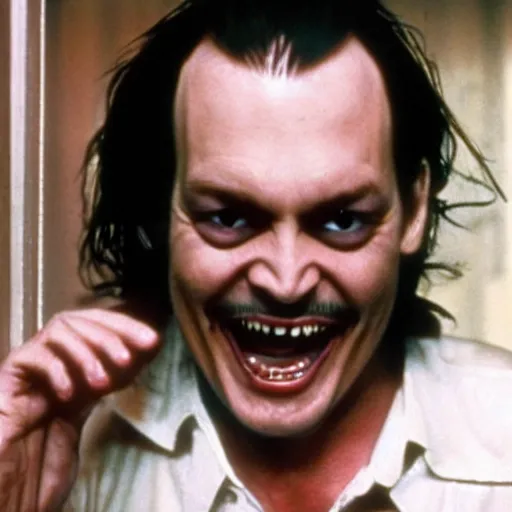 Image similar to Johnny Depp as Jack Torrance in Shining looking through the hole in the broken door