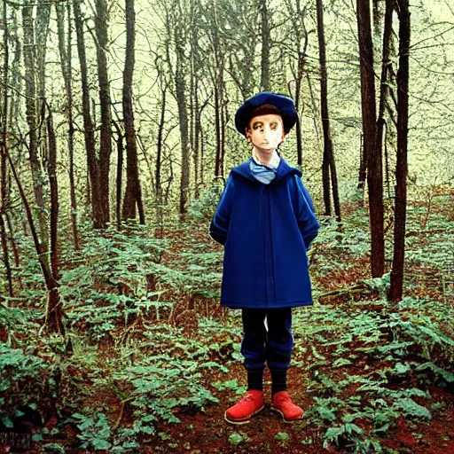 Image similar to portrait of wirt from over the garden wall. a 1 6 years old gloomy awkward boy with big brown eyes and shaggy brown hair wearing a red dunce hat and a blue navy cape, standing in the forest, kodachrome photograph, 1 9 9 5