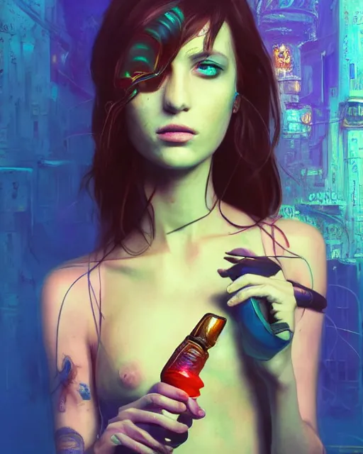 Image similar to portrait of a brunette cyberpunk hippie smoking a tobacco pipe | highly detailed | very intricate | symmetrical | professional model | cinematic lighting | award - winning | painted by mandy jurgens | pan futurism, dystopian, bold colors, cyberpunk, anime aesthestic | featured on artstation