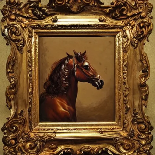 Image similar to baroque style painting, rococo of a brown horse, super detailed, super colorful
