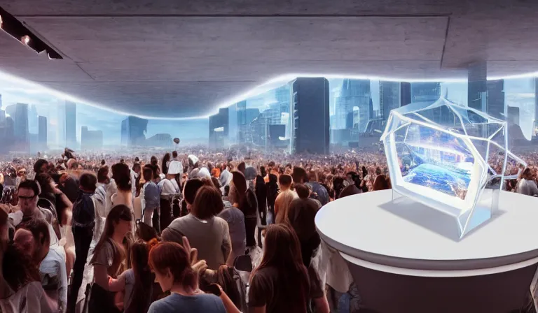 Image similar to crowd of people in simple white museum, looking at hologram of futuristic city on a table, cinematic concept art, godrays, golden hour, natural sunlight, 4 k, clear details, tabletop model buildings, center model buildings, hologram center, crane shot, crane shot, crane shot, white walls