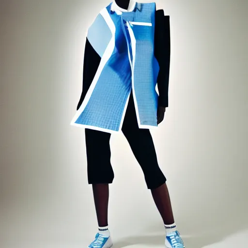 Prompt: realistic photoshooting for a new issey miyake lookbook, color film photography, portrait of a beautiful woman, model is wearing techtical vest, blue direct lightning, photo in style of tyler mitchell, 3 5 mm,