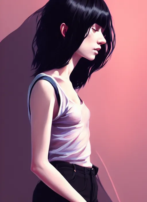 Image similar to ultradetailed beautiful painting of a stylish young lady wearing a short top, dramatic, she has black long hair, distressed, volumetric light, full body portrait by greg rutkowski, ilya kuvshinov, james jean, makoto shinkai, on artstation