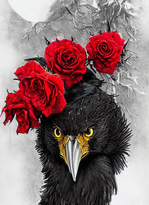 Image similar to portrait, A crow with red eyes in front of the full big moon, book cover, red roses, red white black colors, establishing shot, extremly high detail, foto realistic, cinematic lighting, pen and ink, intricate line drawings, by Yoshitaka Amano, Ruan Jia, Kentaro Miura, Artgerm, post processed, concept art, artstation, matte painting, style by eddie mendoza, raphael lacoste, alex ross