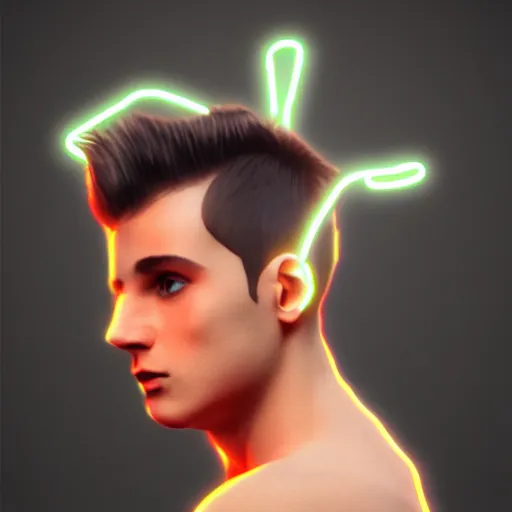 Prompt: social network avatar of young male with dark hair, neon lighting, hyperrealistic, trending on Artstation