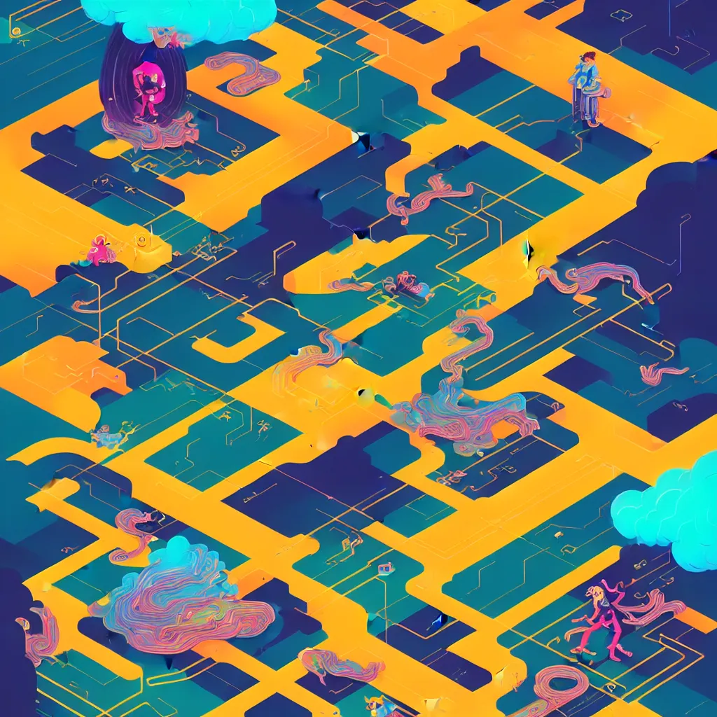 Image similar to an illustration of a micro-service deployed to a datacenter, architecture, symbol, road, connector, defence, wall, cloud, security, cyber, attack vector, trending on Artstation, painting by Jules Julien, Leslie David and Lisa Frank and Peter Mohrbacher and Alena Aenami and Dave LaChapelle muted colors with minimalism