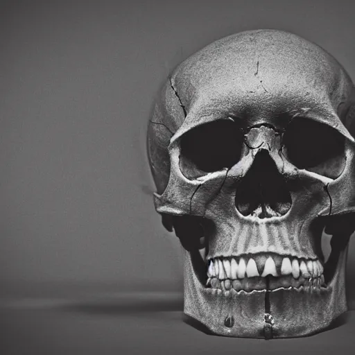 Prompt: photograph of human skull, soft shadows