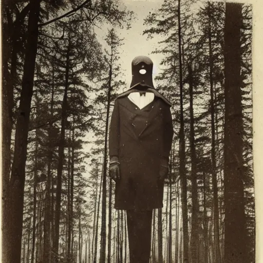 Prompt: a very tall man in the woods wearing a long mask daguerrotype
