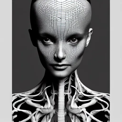 Image similar to a black and white 3D render of a beautiful portrait of a young female angelic-dragon-cyborg face with a very long neck, 150 mm, orchids, Mandelbrot fractal, anatomical, flesh, facial muscles, veins, arteries, full frame, microscopic, elegant, highly detailed, flesh ornate, elegant, high fashion, rim light, ray trace, octane render in the style of H.R. Giger and Man Ray, Realistic, Refined, Digital Art, Highly Detailed, Cinematic Lighting, rim light, black and white, photo-realistic Unreal Engine, 8K