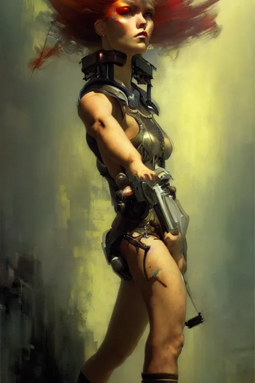 Prompt: portrait max mad cyberpunk, girl with a future weapon character design, painting by gaston bussiere, katsuya terada, nc wyeth, greg rutkowski, craig mullins, vermeer, frank frazetta, tom of finland, trending on artstation, jeffery catherine jones