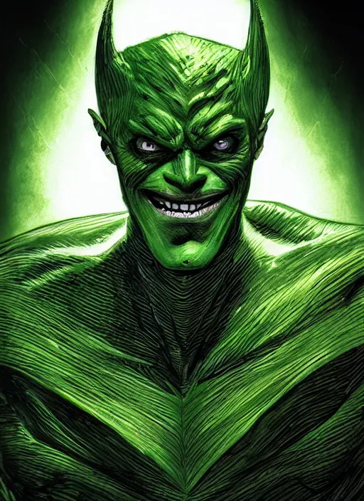 Image similar to green goblin, illustration, sharp focus, highly detailed, vertical portrait, concept art, smooth, dramatic lighting, facing forward, face in focus, in the style of Jim Lee