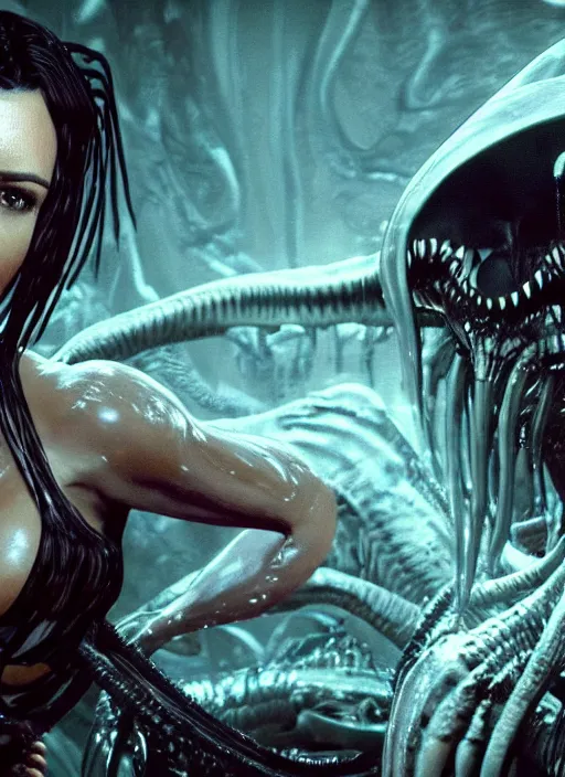 Prompt: film still of kim kardashian being licked by an xenomorph slathered in a transparent alien liquid, wet flowing hair, gooey skin, illustration, unreal engine 5, 8 k, directed by h. r. giger.