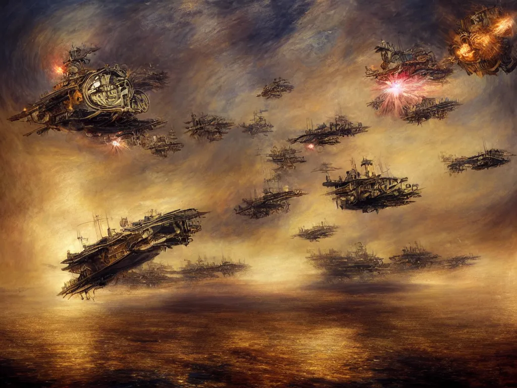 Prompt: Steampunk Mech Robot Airships Fleet in a epic battle. By Joseph Mallord William Turner, fractal flame, highly detailded