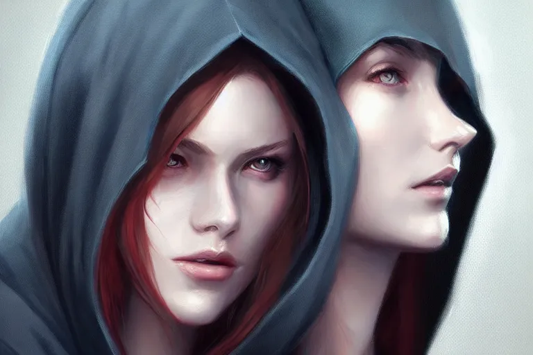 Prompt: « a painting of a woman with a hood on, a digital painting by charlie bowater, featured on cgsociety, fantasy art, behance hd, wiccan, artstation hd »