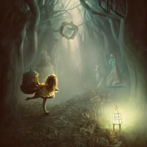 Prompt: alice in wonderland, high detail, dramatic light, digital art, chiaroscuro, painted by seb mckinnon and greg rutkowski, trending on artstation