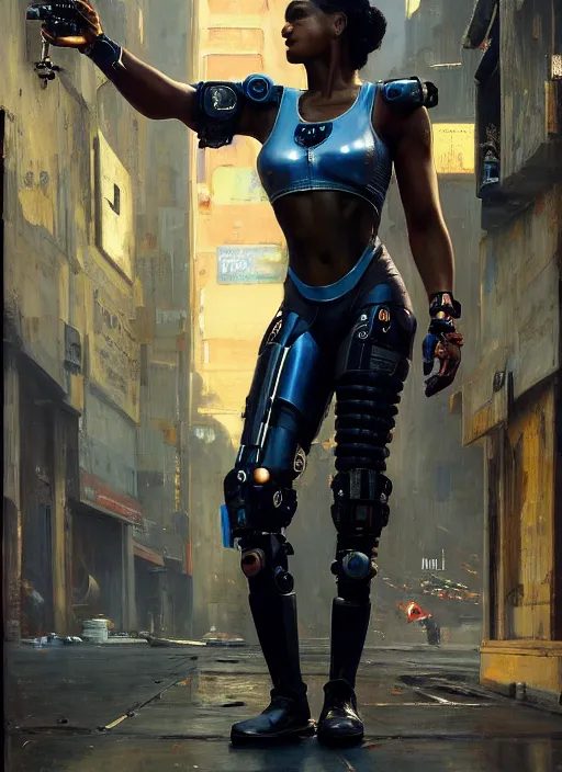 Image similar to Maria Igwe. Buff Cyberpunk policewoman with robotic legs. (Cyberpunk 2077, bladerunner 2049). beautiful face. Iranian orientalist portrait by john william waterhouse and Edwin Longsden Long and Theodore Ralli and Nasreddine Dinet, oil on canvas. Cinematic, vivid colors, hyper realism, realistic proportions, dramatic lighting, high detail 4k
