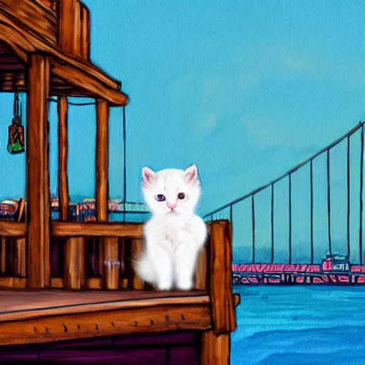 Image similar to a small white kitten at the wharf in San Francisco, fantasy illustration,