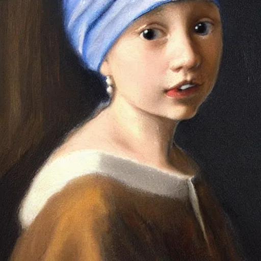 Prompt: a portrait of a young girl wearing a pearl earring. The girl is looking over her shoulder at the viewer with a sly expression on her face. naturalistic style with soft, muted colors. The girl's face is the only part of the painting that is in sharp focus. The rest of the painting is done in a soft, blurry style. The girl's face is lit from the left, creating a soft, halo-like effect around her head. The pearl earring is the only source of light in the painting. an oil tronie painting by Johannes Vermeer.
