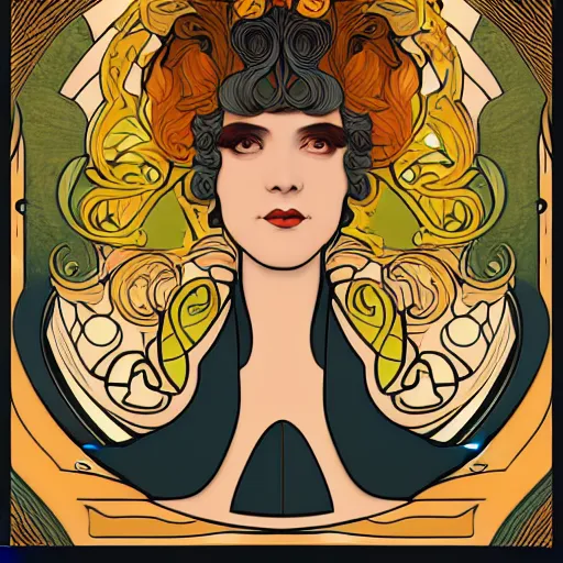 Image similar to art nouveau poster portrait of a woman, in the style of Mucha, on a detailed geometric art nouveau background design