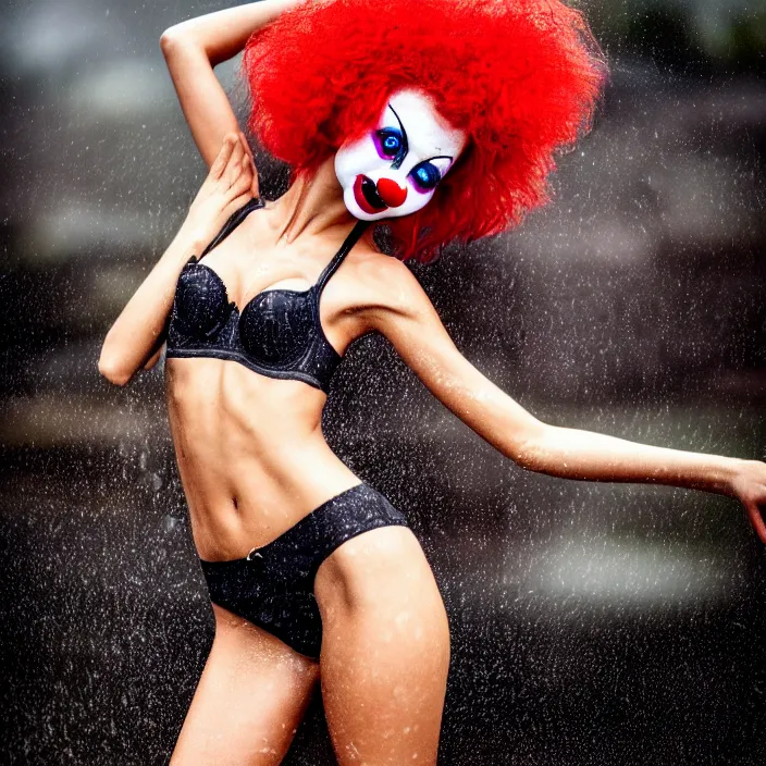 Prompt: fully body pose, photo of a very beautiful!! victoria secret model, clown, wet hair, raining, 8 k, hdr, smooth, sharp focus, high resolution, award - winning photo, trending on artstation, dslr, 5 0 mm