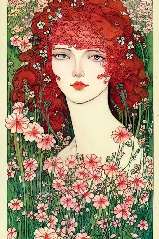 Image similar to realistic face of beautiful woman with red hair with flowers growing around, flower frame, detailed art by kay nielsen and walter crane, illustration style, watercolor