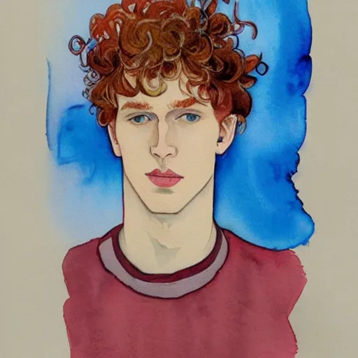 Prompt: abstract experimental watercolor drawing of a young cute handsome beautiful androgynous strawberry blond medium curly hair man in his early 2 0 s wearing a blank maroon t - shirt with grey - blue eyes, by elizabeth peyton and alphonse mucha and vincent van gogh, trending on artstation