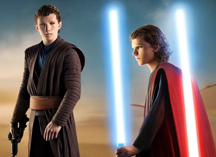 Image similar to tom holland plays anakin skywalker in the live action remake of star wars revenge of the sith, 3 5 mm photography, highly detailed, cinematic lighting, standing pose, holding lightsaber 4 k