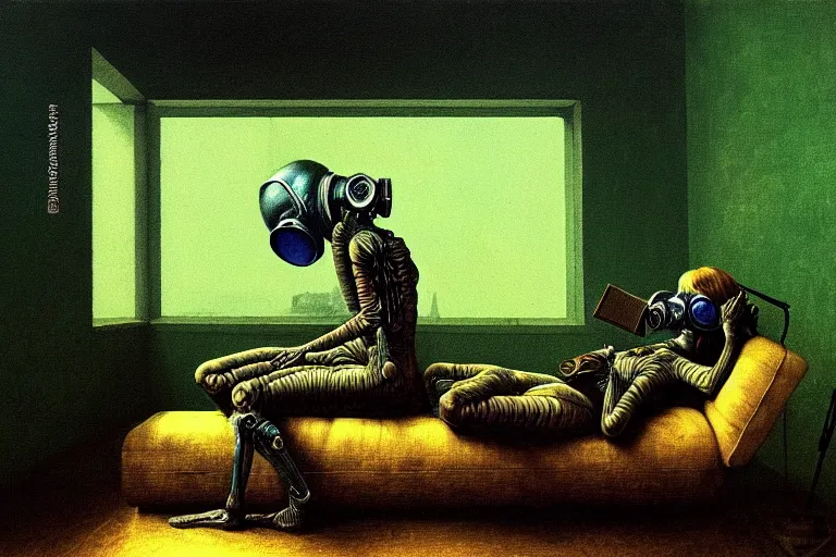 Prompt: anatomically correct girl with wearing a gas mask lying on the sofa reading a book in her room, in the style of beksinski, solarpunk, exact anatomy, atmospheric, clean, intricate and epic composition, green by caravaggio, insanely quality, highly detailed, masterpiece, blue light, artstation, 4 k
