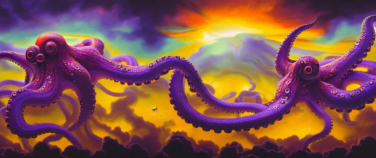 Prompt: hyperrealistic hyper-ornate bio-morphic sky city on giant orange and purple cyborg octopus puffy clouds matte painting concept art salvador dali alex grey cinematic soft glow lighting high angle hd 8k sharp shallow depth of field