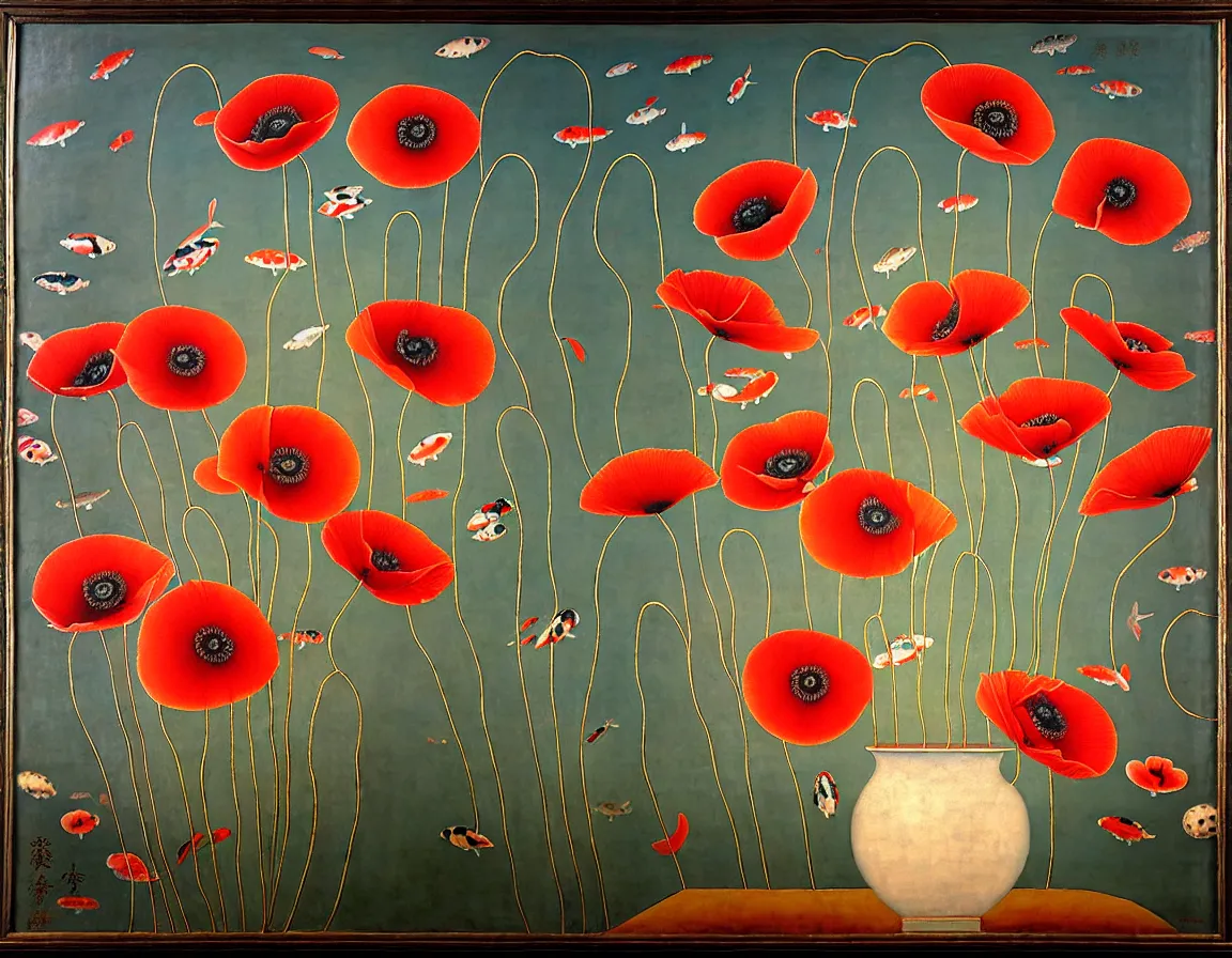 Prompt: vase of poppy in the cloudy sky decorated with a dense field of stylized scrolls that have opaque red outlines, with mutant koi fishes with 4 eyes and 2 heads and sponges, ambrosius benson, oil on canvas, hyperrealism, light color, no hard shadow, around the edges there are no objects