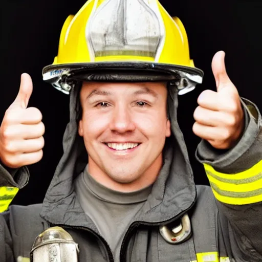 Prompt: photo of a firefighter looking at the camera with his thumbs up approval