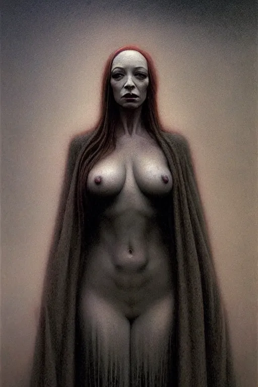 Prompt: full body portrait of christina hendricks, by zdzislaw beksinski, by dariusz zawadzki, by wayne barlowe, gothic, surrealism, cosmic horror, lovecraftian, cold hue's, warm tone gradient background, concept art, beautiful composition