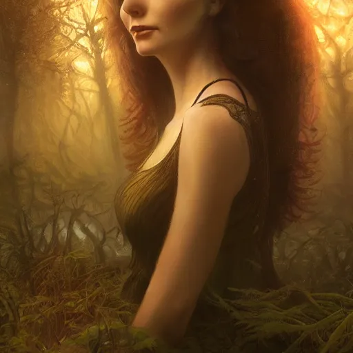 Prompt: a closeup portrait of vivian leigh, magical forest background, gorgeous view, sunset, film noir, depth, by seb mckinnon, by greg rutkowski, by igor kieryluk, digital art, trending on artstation