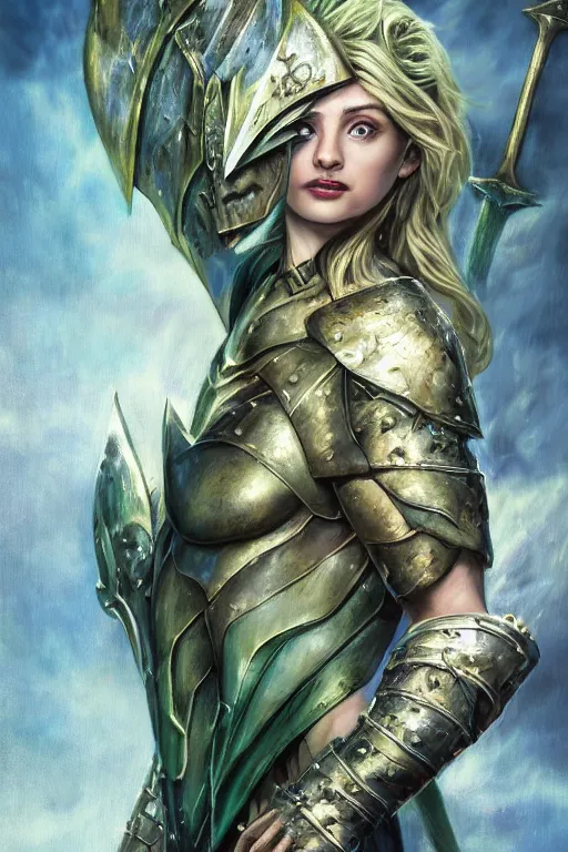 Image similar to A fantasy comic book style, composite portrait painting of Joey King, Cory Chase as an Atlantean, Reptilian Warrior, Mystical Valkyrie, Armor, Sword, Spear, Sheild, François Boucher, Oil Painting, unreal 5, DAZ, hyper realistic, Photorealistic, octane render, Regal, Refined, Coherent, Detailed Digital Art, RPG portrait, William-Adolphe Bouguereau, Michael Cheval, Walt Disney (1937), Steampunk, golden dappled lighting, dynamic lighting, Highly Detailed, Cinematic Lighting, Unreal Engine, 8k, HD