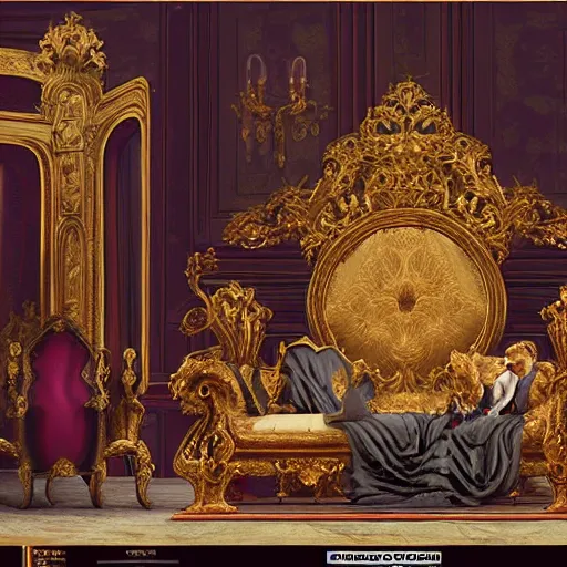 Image similar to 8k highly detailed oil matte painting by Charles Landelle of A French Bulldog King, decadent throne room, ornate furniture, ornate French architecture