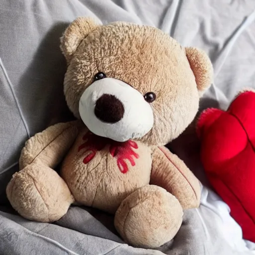 Prompt: cute spider cuddling a teddy bear while it lays in bed