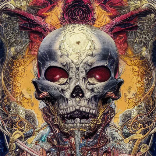 Image similar to portrait of memento mori, symmetrical, by yoichi hatakenaka, masamune shirow, josan gonzales and dan mumford, ayami kojima, takato yamamoto, barclay shaw, karol bak, yukito kishiro