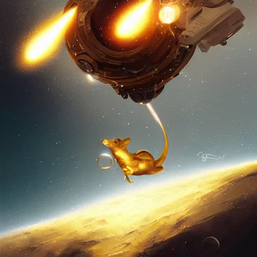 Image similar to a golden mouse flying through space, Greg rutkowski award winning illustration, digital art, sci fi concept art, 4k, trending on artstation,