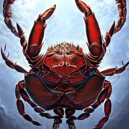 Image similar to photorealistic crab demon in the style of michael whelan and gustave dore. hyperdetailed photorealism, 1 0 8 megapixels, amazing depth, glowing rich colors, powerful imagery, psychedelic overtones, 3 d finalrender, 3 d shading, cinematic lighting, artstation concept art