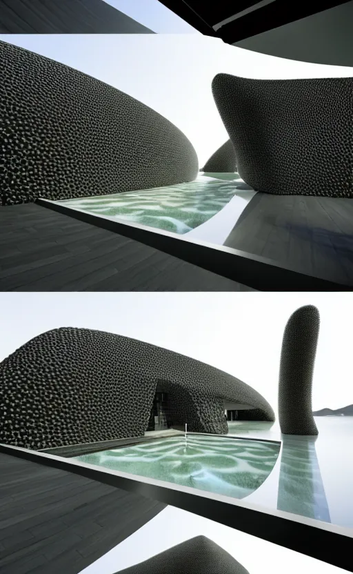 Image similar to villa parametric rhizomorph architecture fluid design, vincent callebaut well - defined style, ultra detailed, monochromatic, natural lighting, volumetric lighting, generative art nebula, cinematic, photo realistic, hyper real, surreal design, flow everywhere, walls made of crystal clear water, droplets on the walls, black metal, magnesium, 8 k,