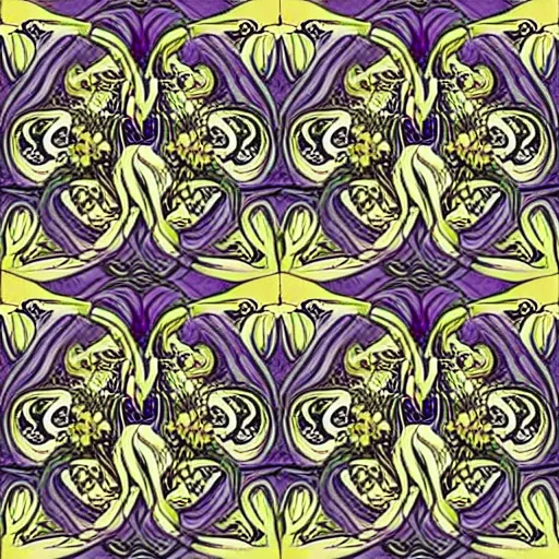 Image similar to Seamless Art Nouveau pattern, hyper-realistic Art nouveau pattern in style of Alphonse Mucha, Antoni Gaudi and Rene Lalique, seamless damask pattern, hyperdetailed curvy and swirly motifs, supersharp, hypermaximalist, smooth gradients