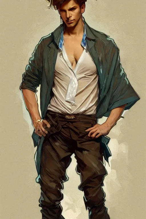 Image similar to full body portrait of a single beautiful young fit man, modern haircut, open shirt, large pants, by greg rutkowski and alphonse mucha, d & d character, in front of a modern room background, highly detailed portrait, digital painting, artstation, concept art, smooth, sharp focus ilustration, artstation hq