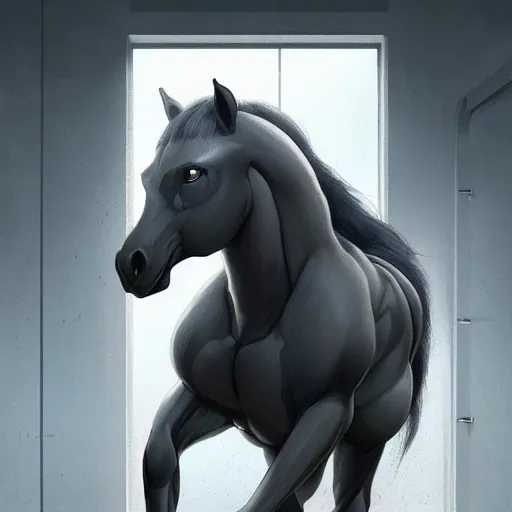 Image similar to splash art of an enormously muscular male anthro horse in a research facility wearing a skintight body armor, long white mane, furaffinity, anthro art, 8 k, unreal engine, by greg rutkowski, makoto shinkai, lois van baarle, ilya kuvshinov, tom bagshaw