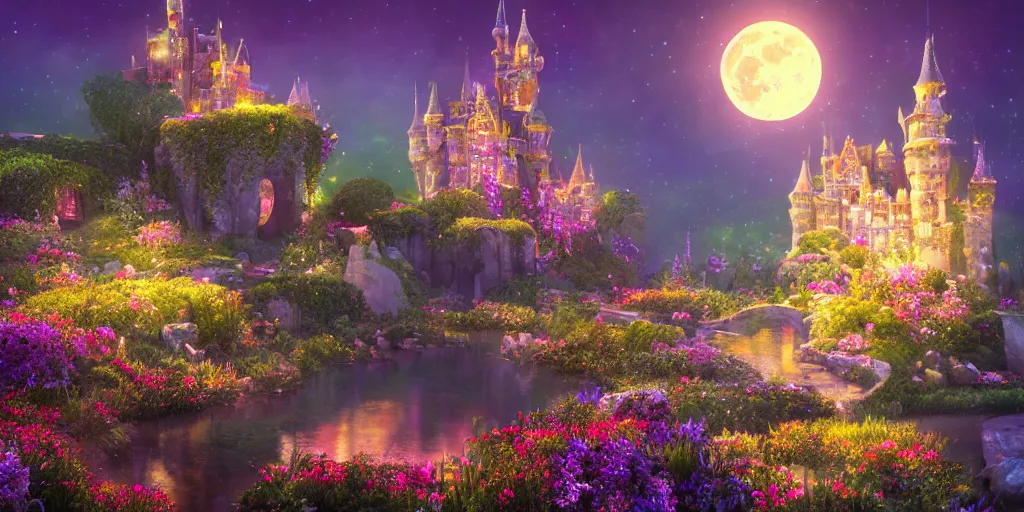 Image similar to a single glittering fairy castle at night, a full moon, water and colourful flowers, extremely detailed oil painting, unreal 5 render, fantasy digital art, octane render, beautiful composition, trending on artstation, award-winning photograph, masterpiece