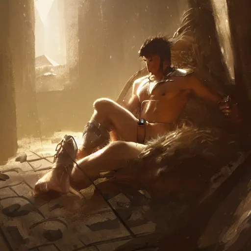 Prompt: 'A human male paladin in chainmail is resting after a fight, art by Greg Rutkowski, 4k'